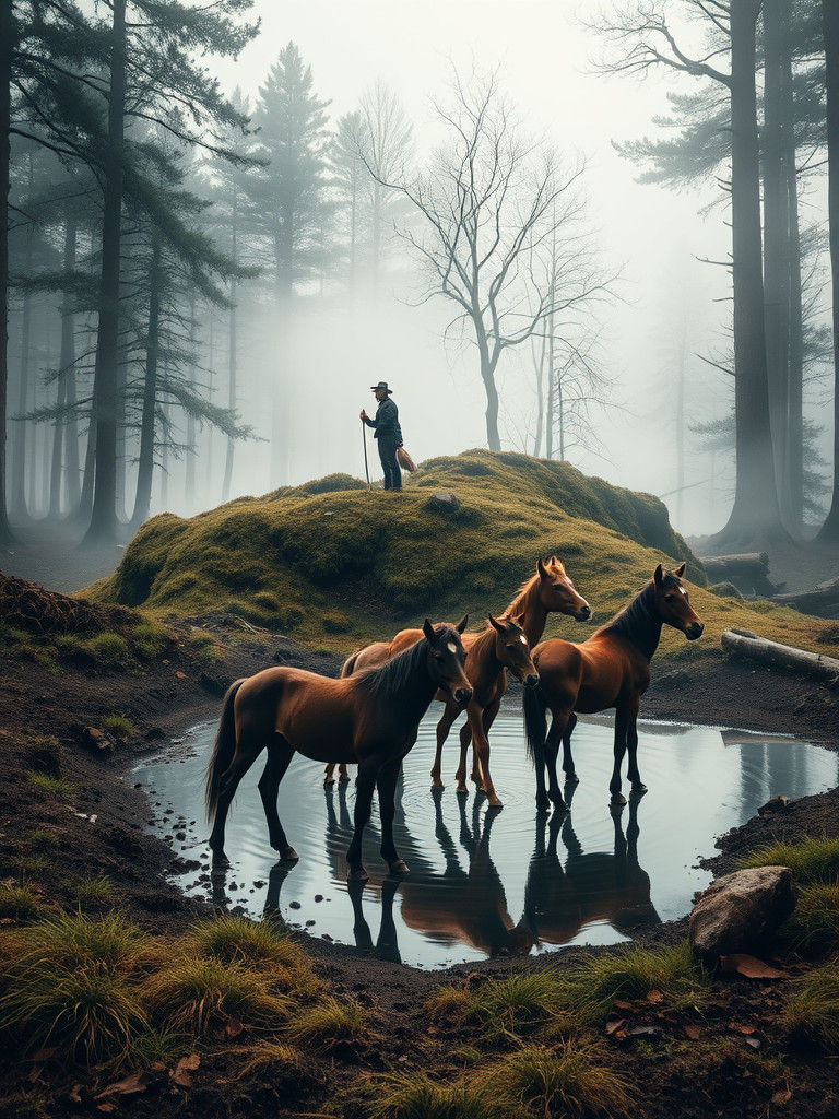 Tarpans in Mystical Forest Watering Hole Scene