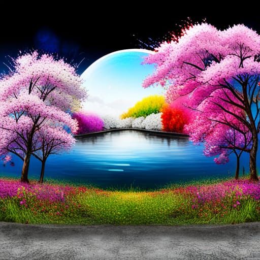 Vibrant Rainbow at Lake's Edge with Blooming Japanese Cherry...