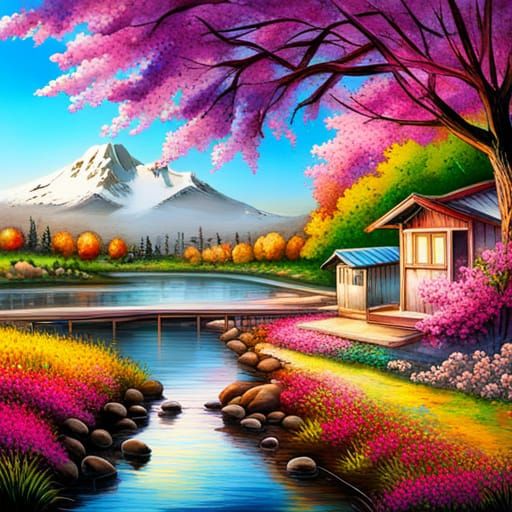 Rainbow Over Lake with Cherry Blossoms in Graffiti Art