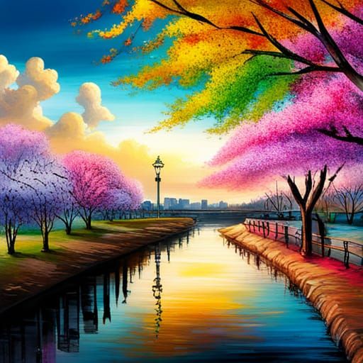 Rainbow Over Lake with Cherry Blossoms in Graffiti Art