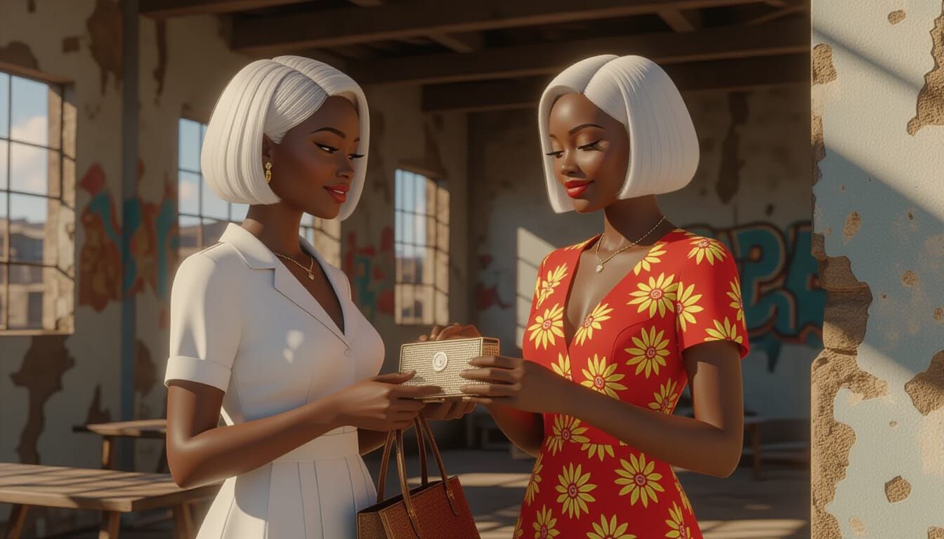 African Woman in Waiter Dress Presents Bag in Dilapidated Bu...