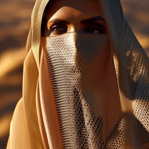 Realistic Fishnet Burqa Photoillustration in Golden Hour