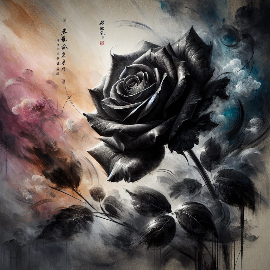 A single black rose rendered in the traditional Chinese ink ...