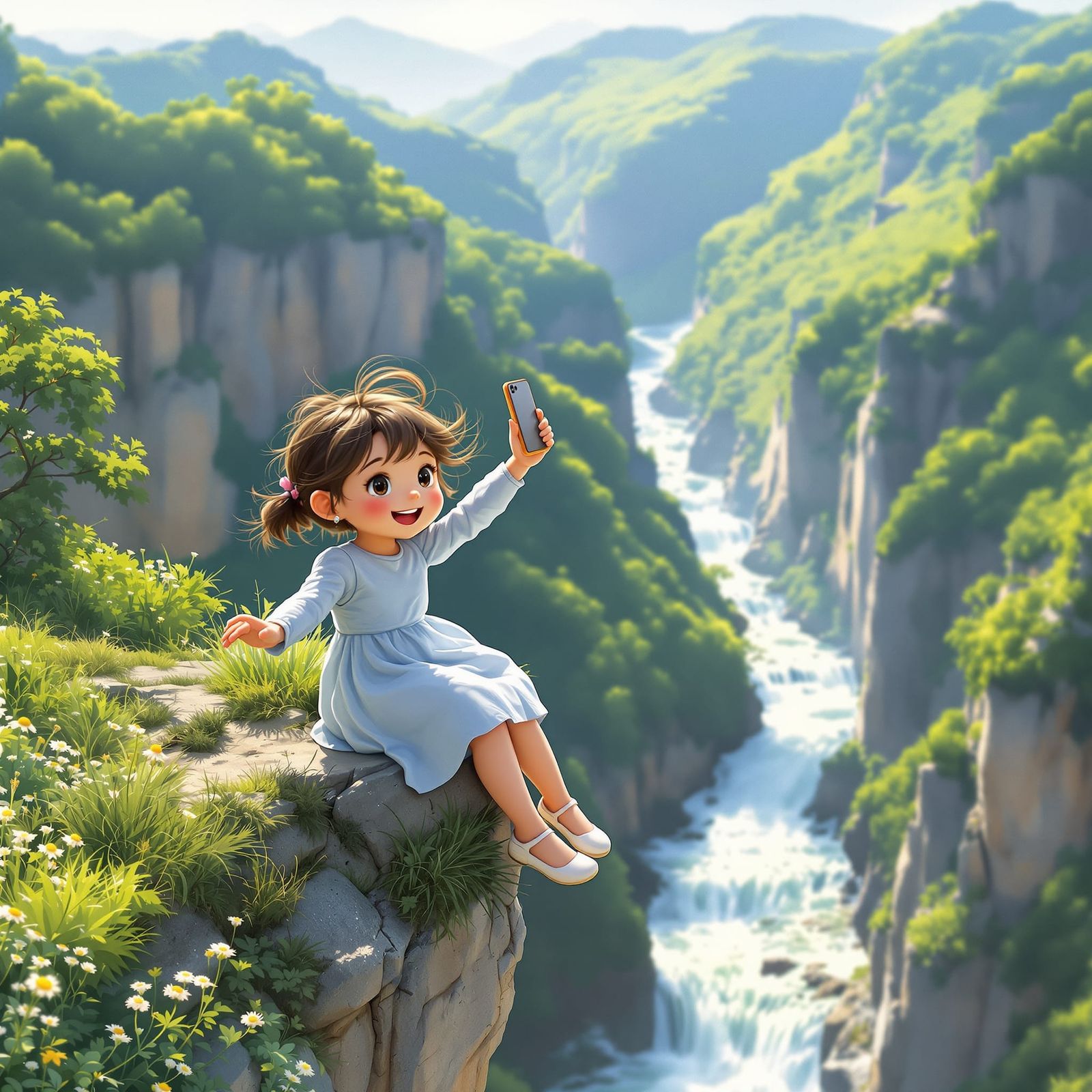 Girl Takes Selfie on Mountain Overlooking Stream in Painterl...