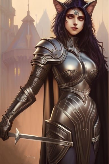 Heroic Werecat Knight in Black Armor, Matte Oil Painting