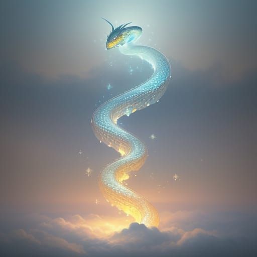 Luminous Snow Serpent Slumbers in Heavenly Haze