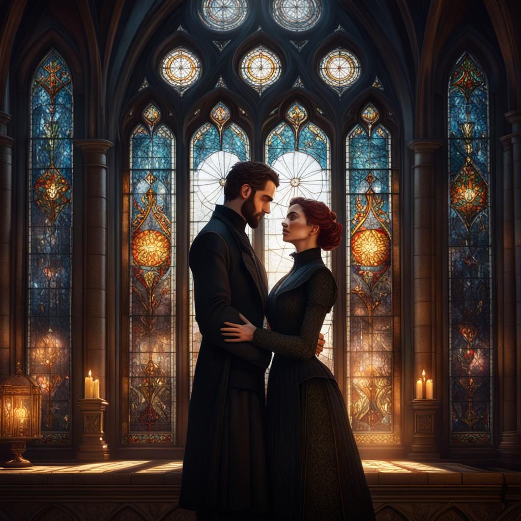 Elegant Victorian Couple Hugging Beside a Vibrant Stained Gl...