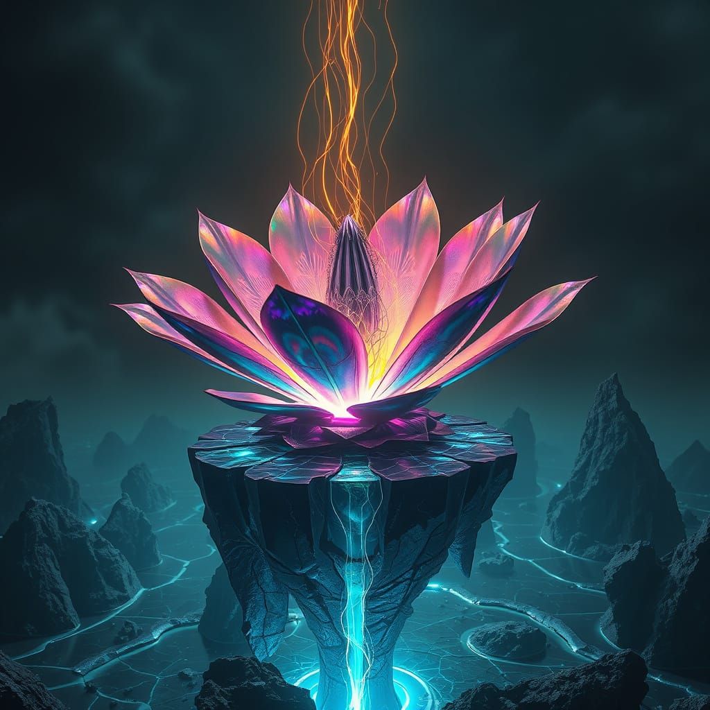 Biomechanical Bloom on Obsidian Island in Neon Aesthetic