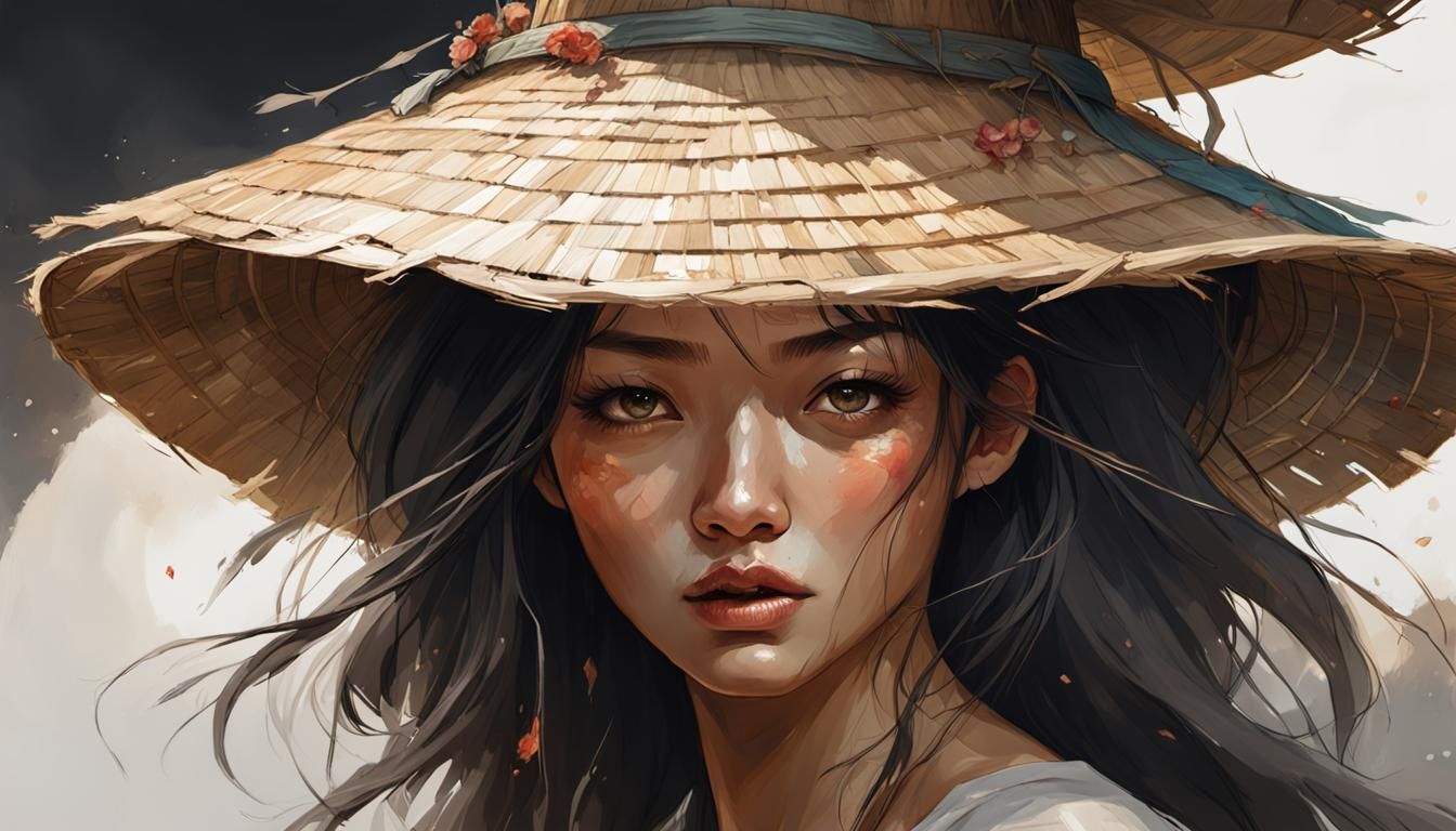 Ethereal Vietnamese Goddess Wears Straw Hat in Dark Fantasy....