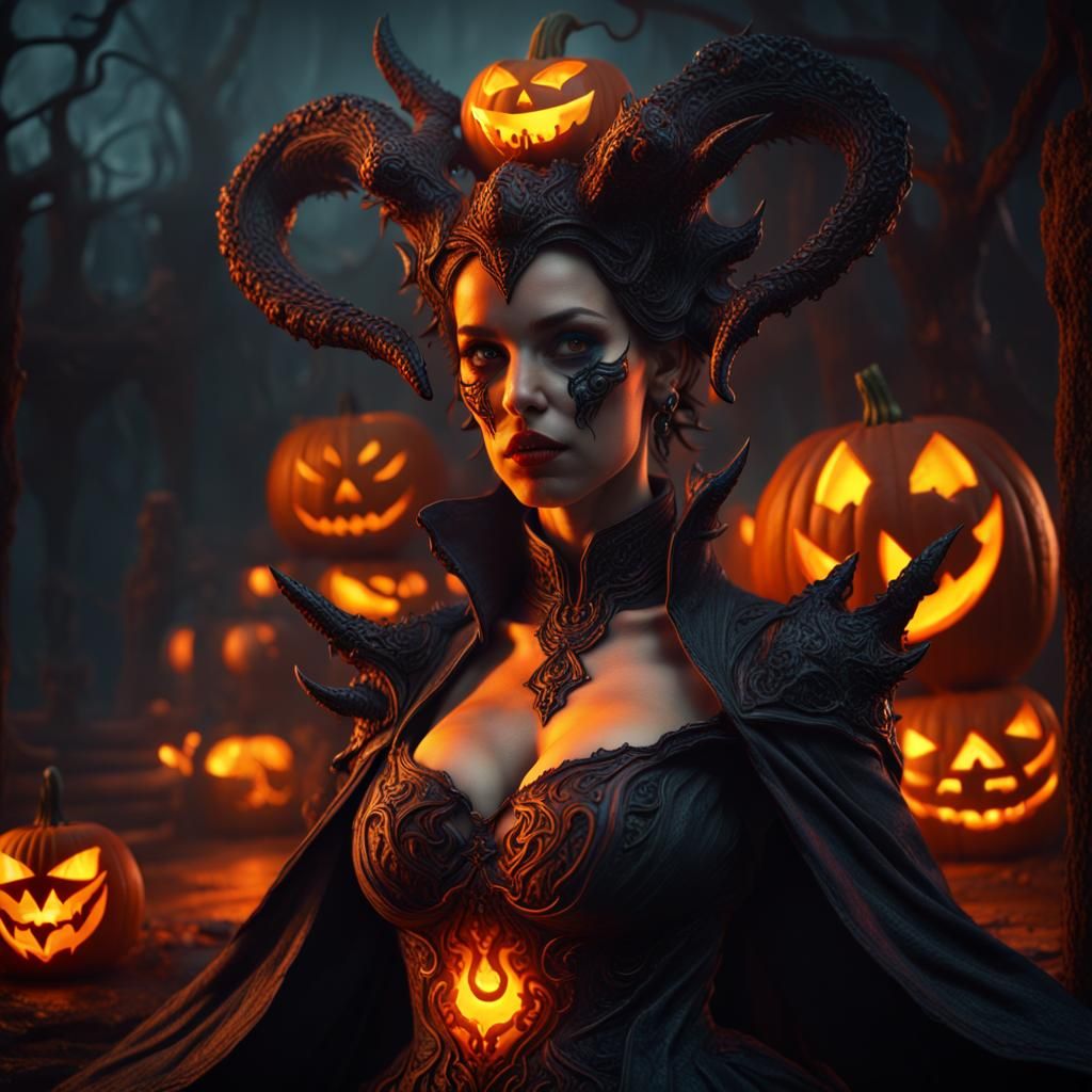 Eldritch Queen of Jack O'Lanterns in Detailed Fantasy Art