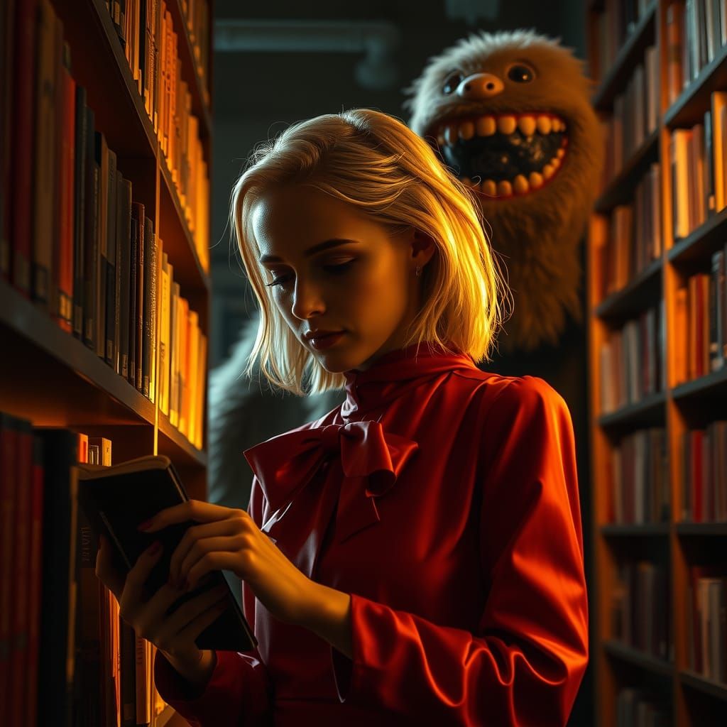 Blonde Woman in Library with Lurking Figure