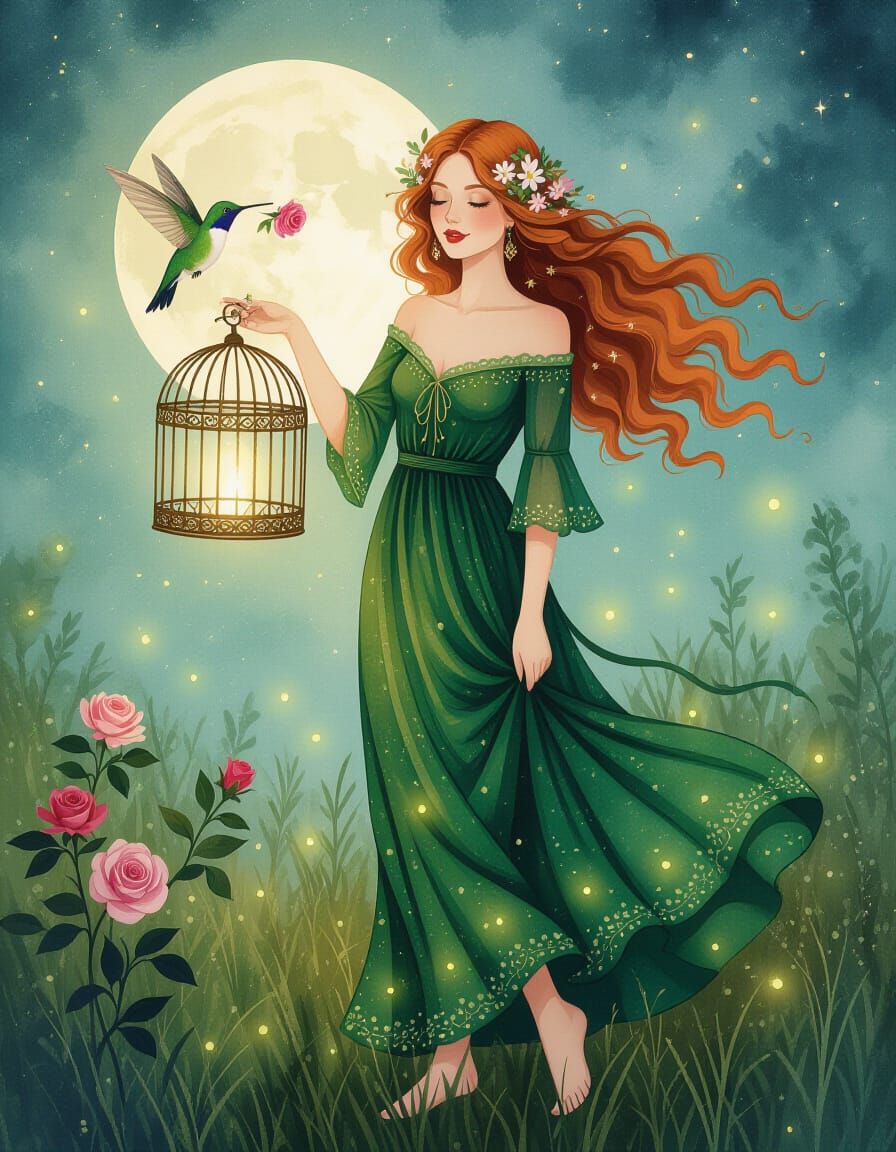 Bohemian Woman in Firefly Field: Ethereal Portraiture