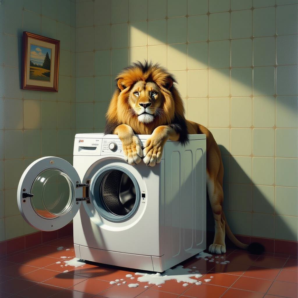 Majestic Lion in Washing Machine Surreal Art