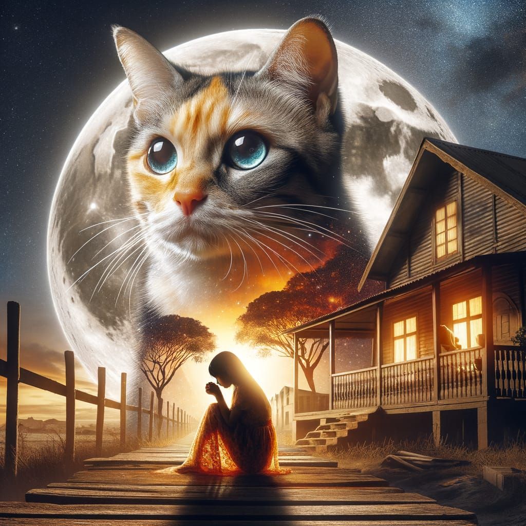 Surreal Calico Cat Double Exposure with Missing Cat