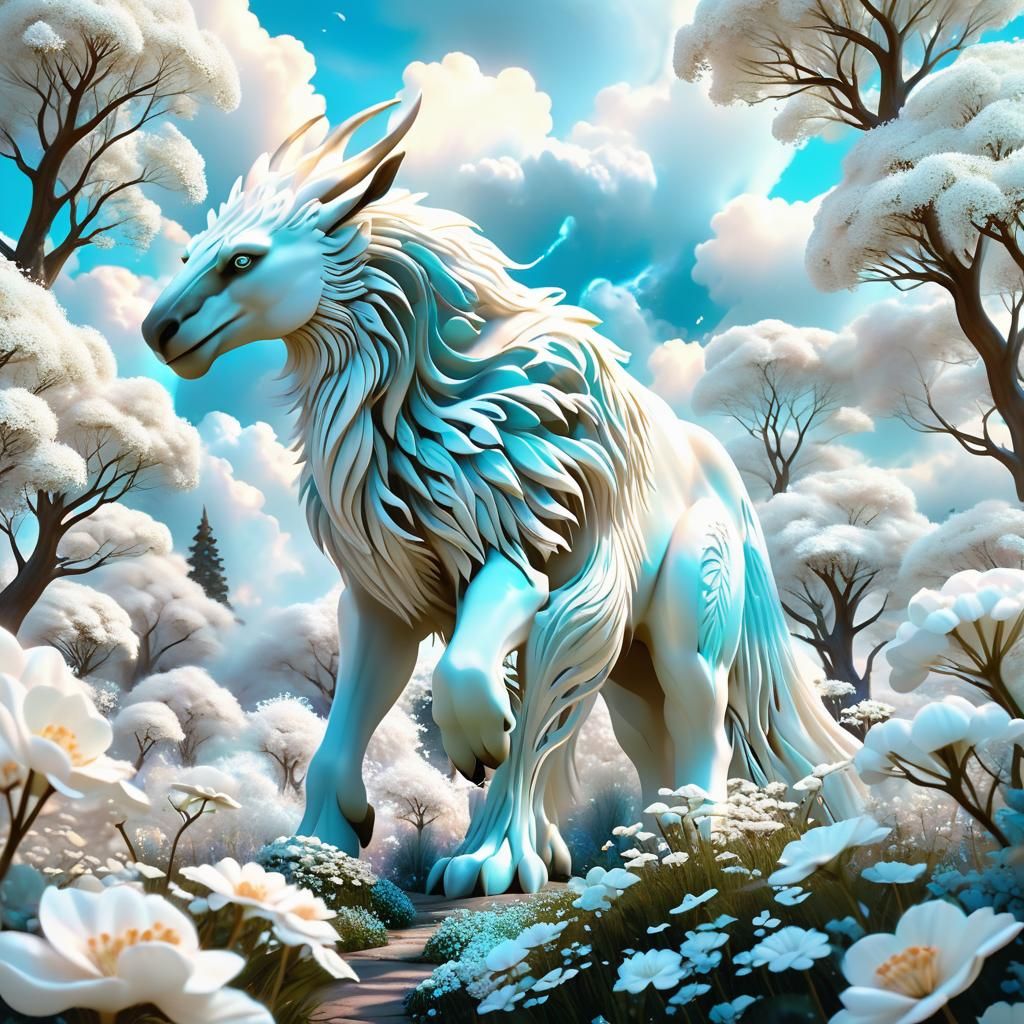 Whimsical White Fantasy Creature Amidst Dreamlike Landscape