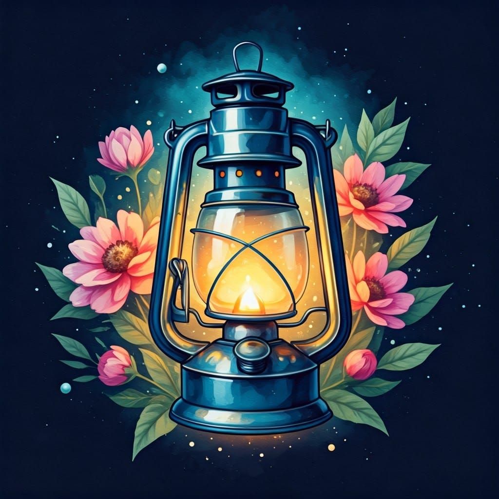 Cosmic Watercolor Whimsy: A Lamp and Flowers in Orbit