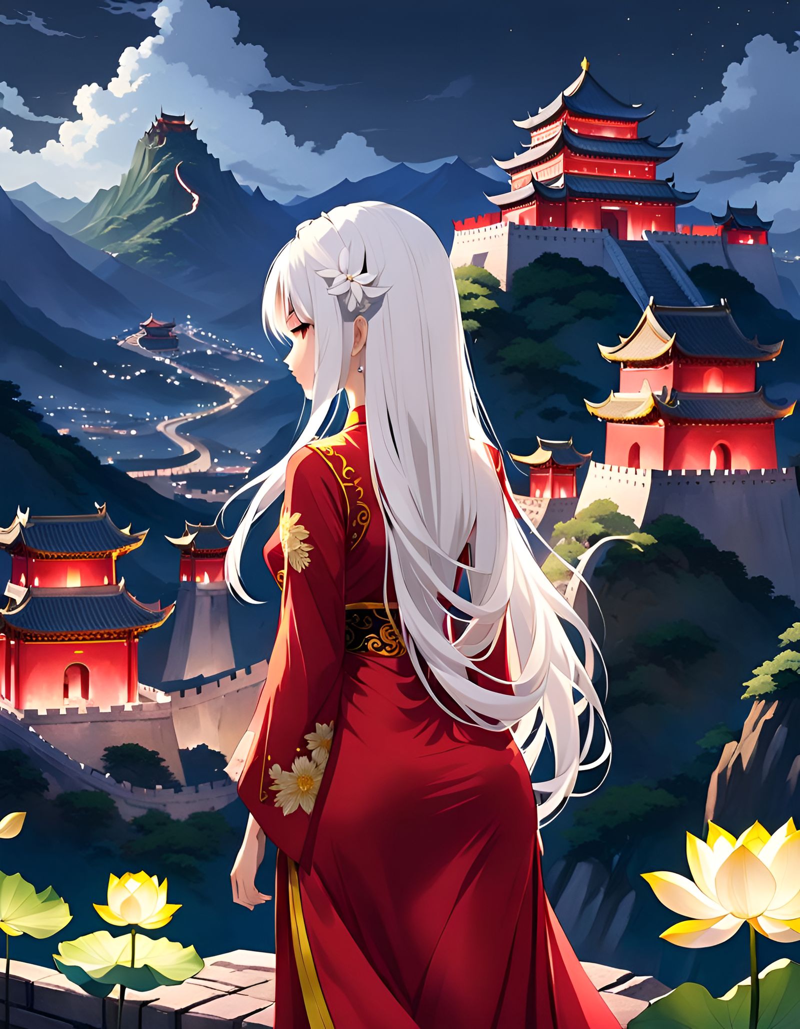 Chinese Fantasy Beauty Admires Majestic Castle in Nighttime....
