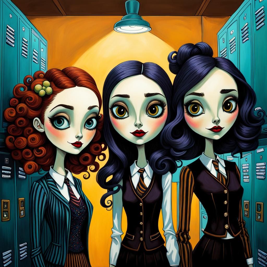 Surreal Preppy Girls in Whimsical Locker Room Scene