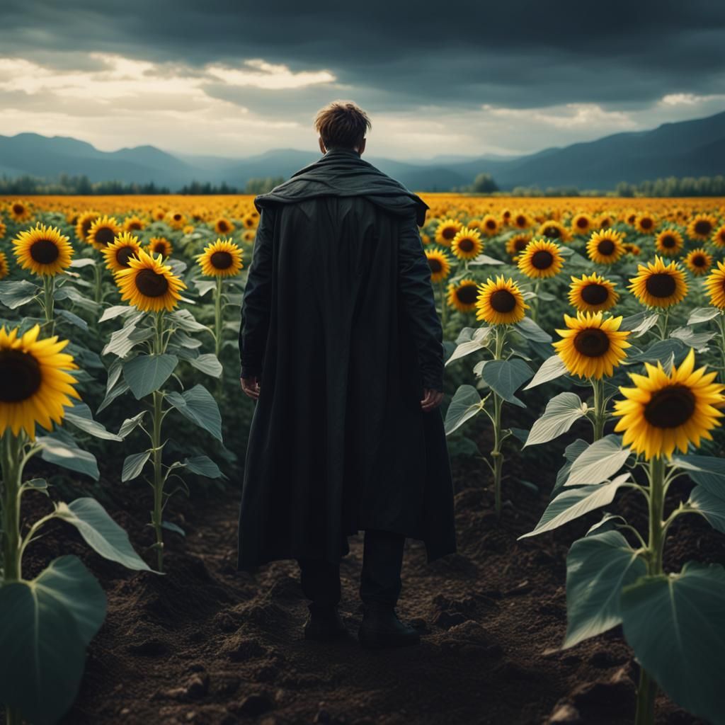 Dark Figure Walks Through a Vibrant Sunflower Field in a Gra...