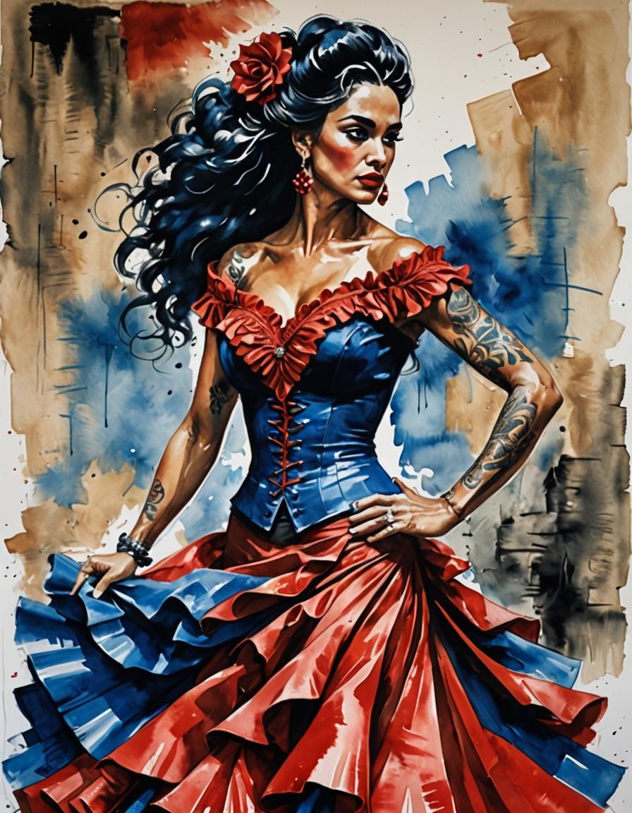 Seductress Flamenco Dancer in Gouache Style