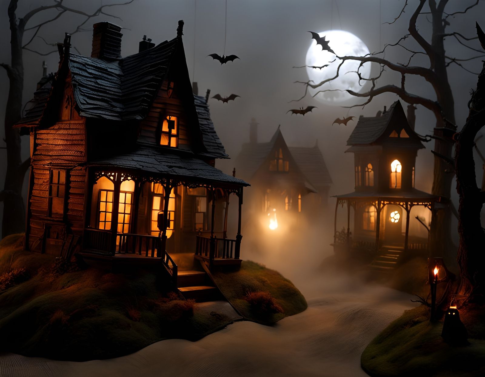 Ethereal Haunted Village Under Mysterious Fog