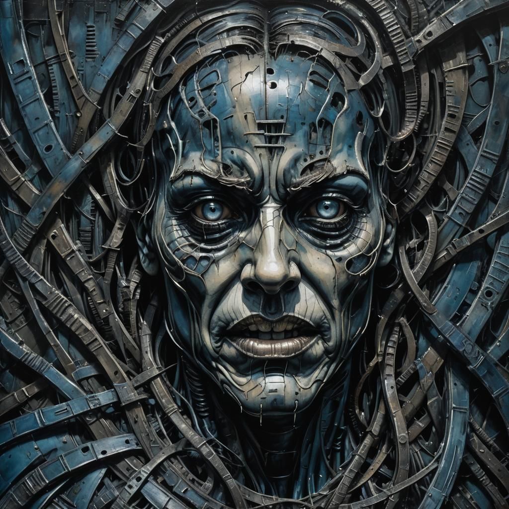 Macabre Biomechanical Portrait in Bleak, Industrial Style