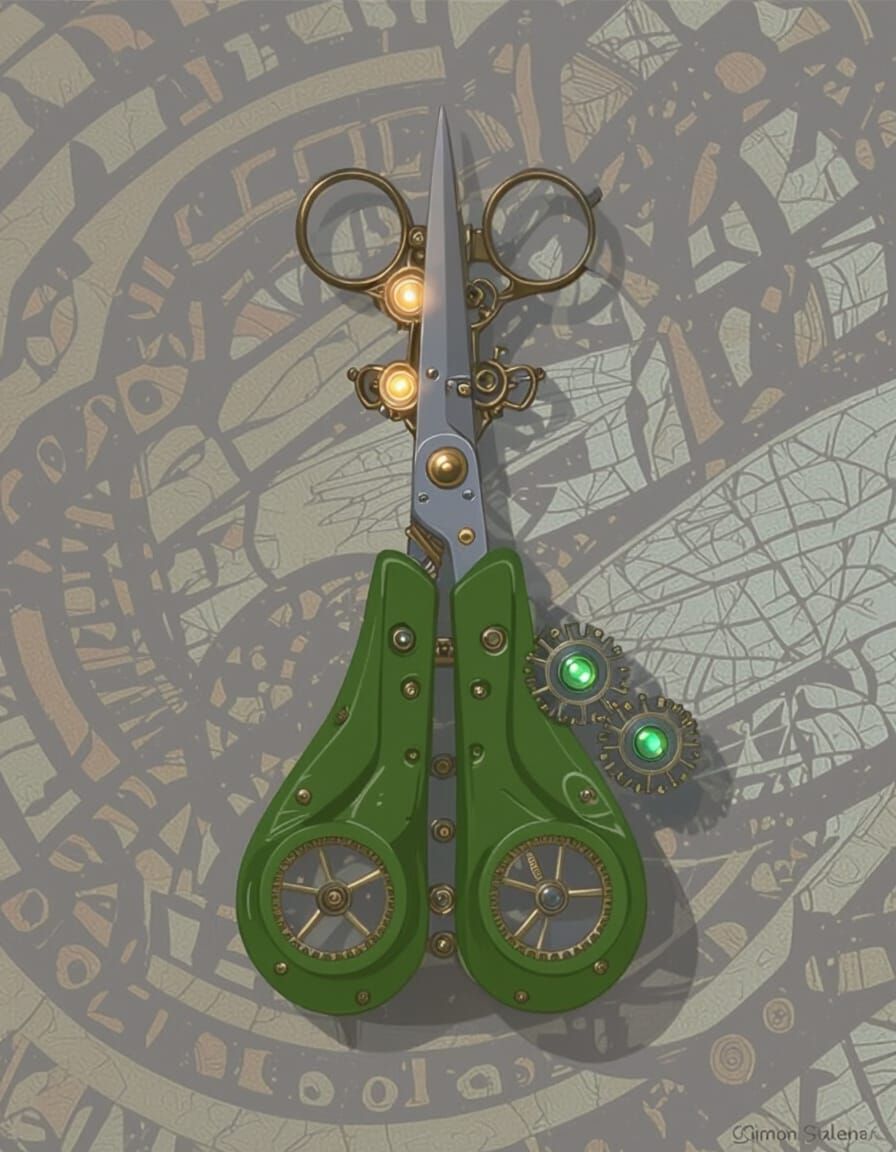 Steampunk Scissors with Golden Gears and Mechanical Wings