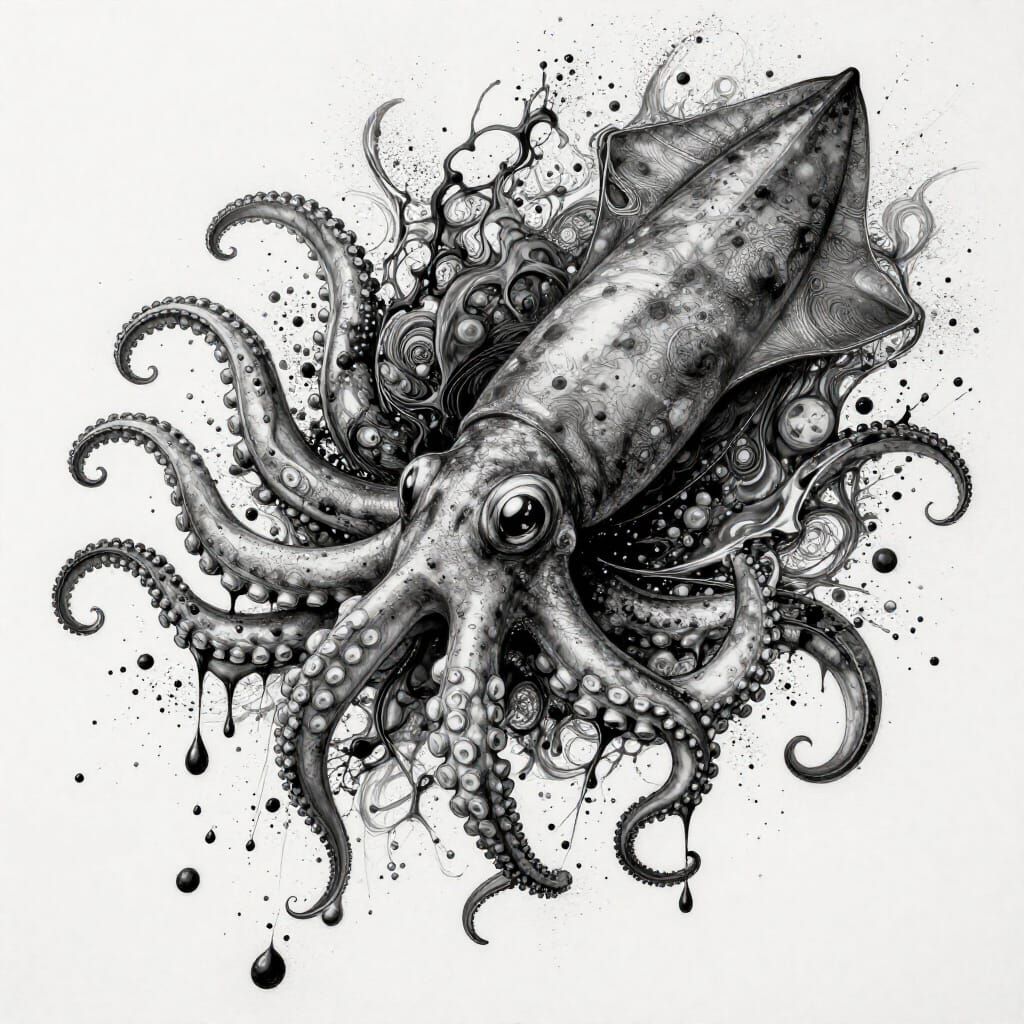 Giant Squid Creates Ink Splatter Dot Art