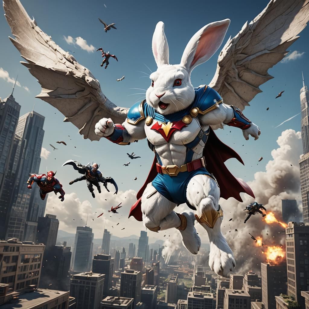 Superhero Bunny Battles Fiendish Foe in Vibrant, Fantasy Rea...