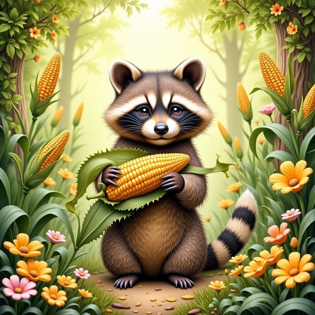 Adorable Raccoon Plays in Sunlit Forest Clearing