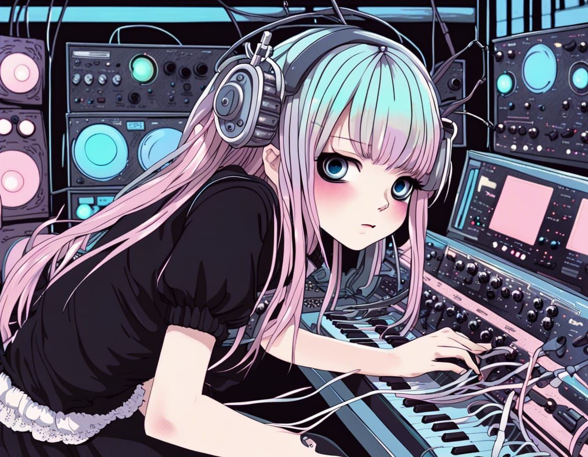 Enchanting Pastel Goth Anime Girl Plays Modular Synth