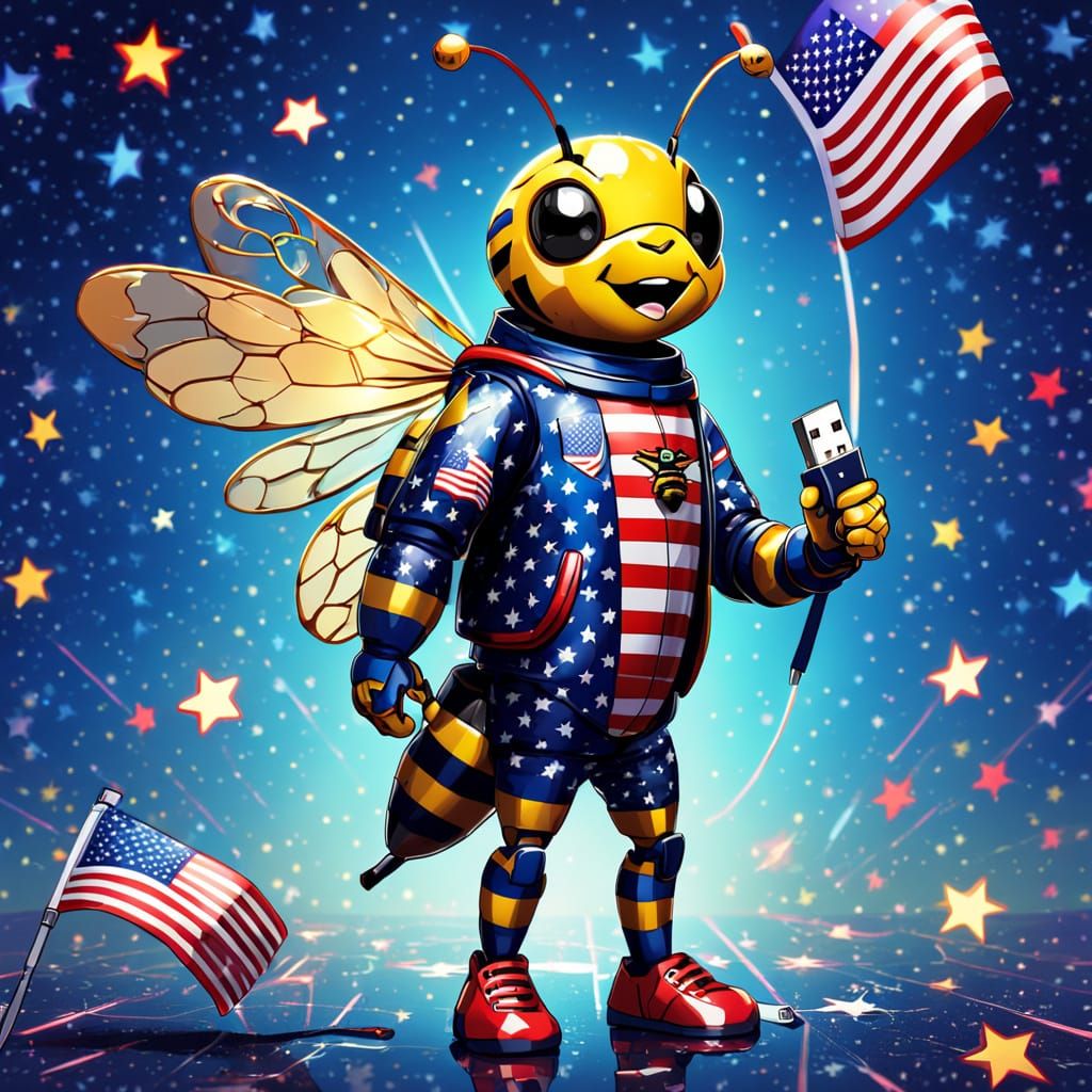 Manga-Inspired Bee Waving American Flag on USB Stick