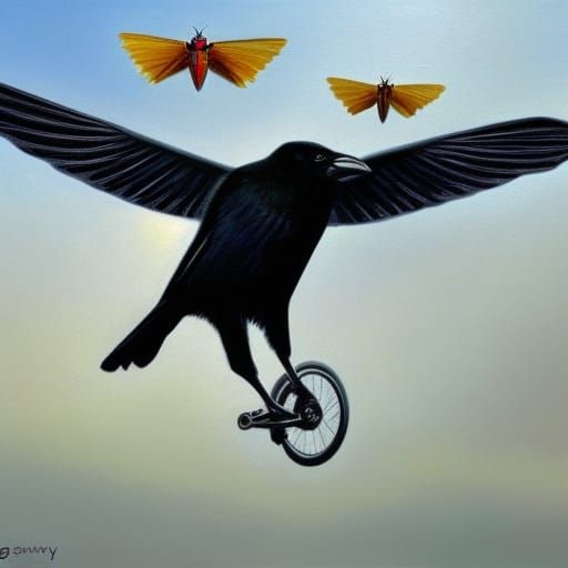 Moth Bicyclist Crow Takes Flight in Vibrant Oil Painting
