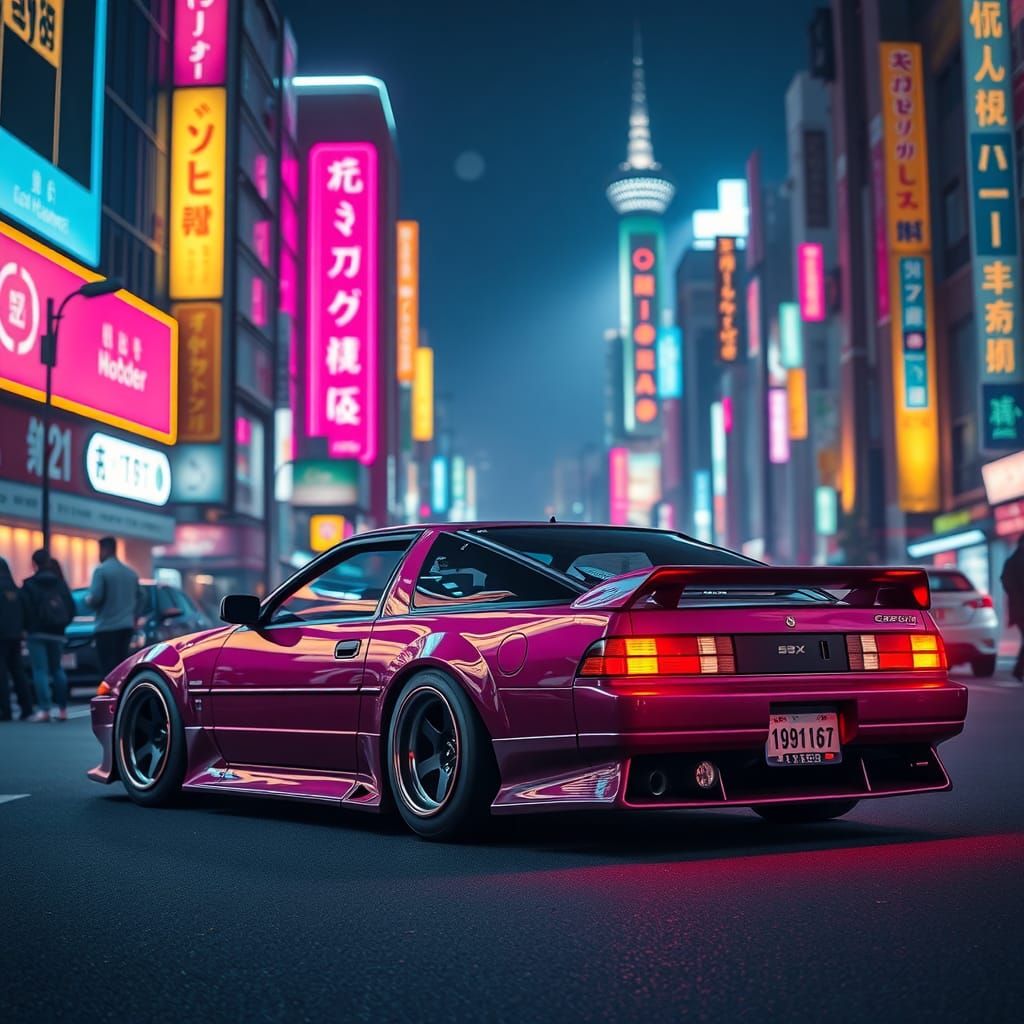 Sleek, Cyberpunk-Inspired 180SX Illuminated by Tokyo's Neon...