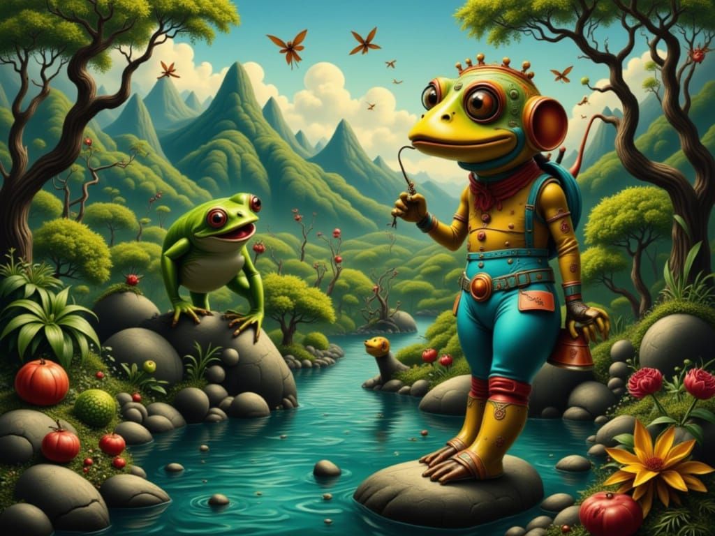 Frogman Unleashed in Lush Jungle Oil Painting