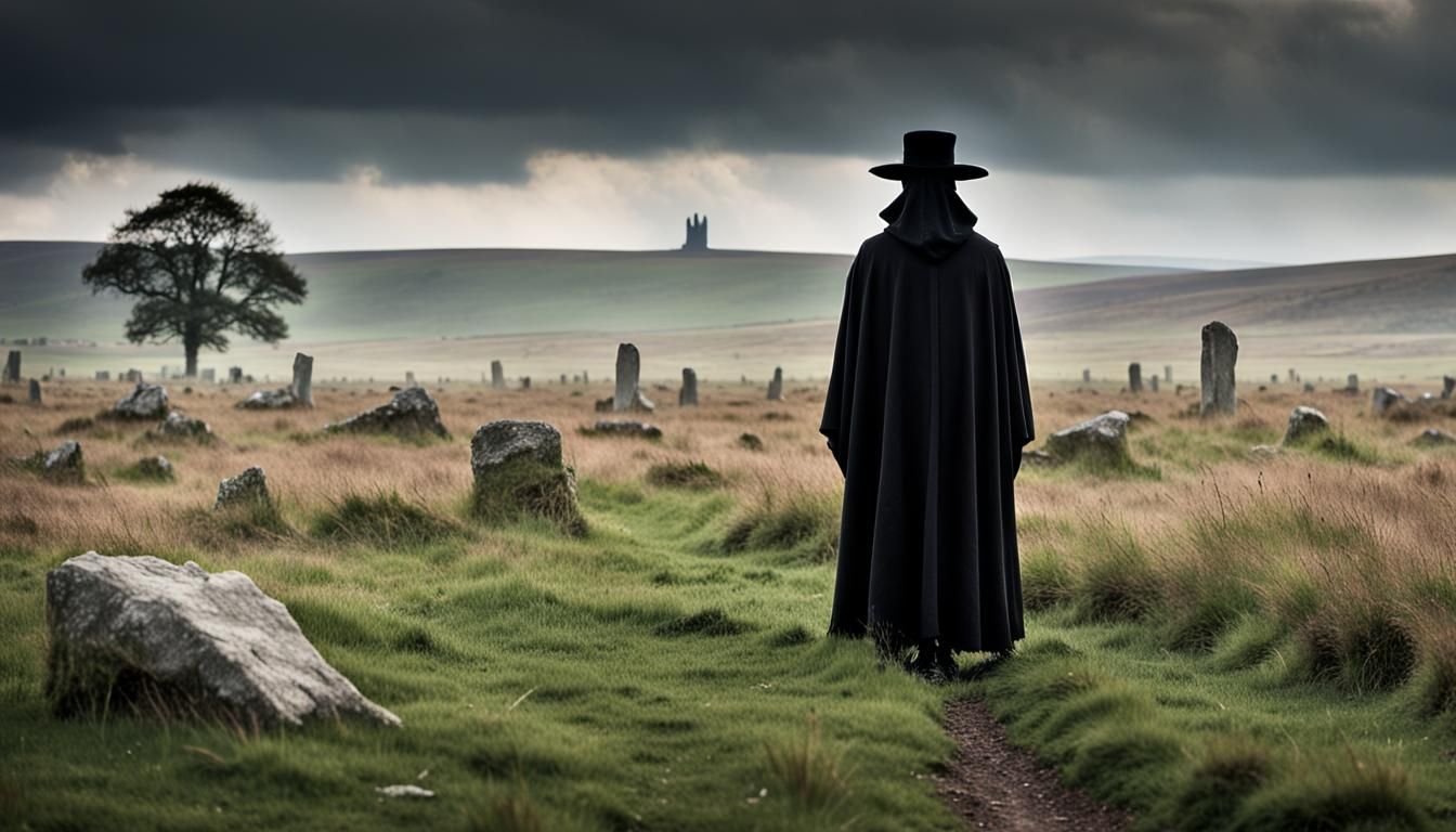 An open meadow on the English Moors with gothic stone outcroppings visible focus head to toe on a solitary cloaked skele...