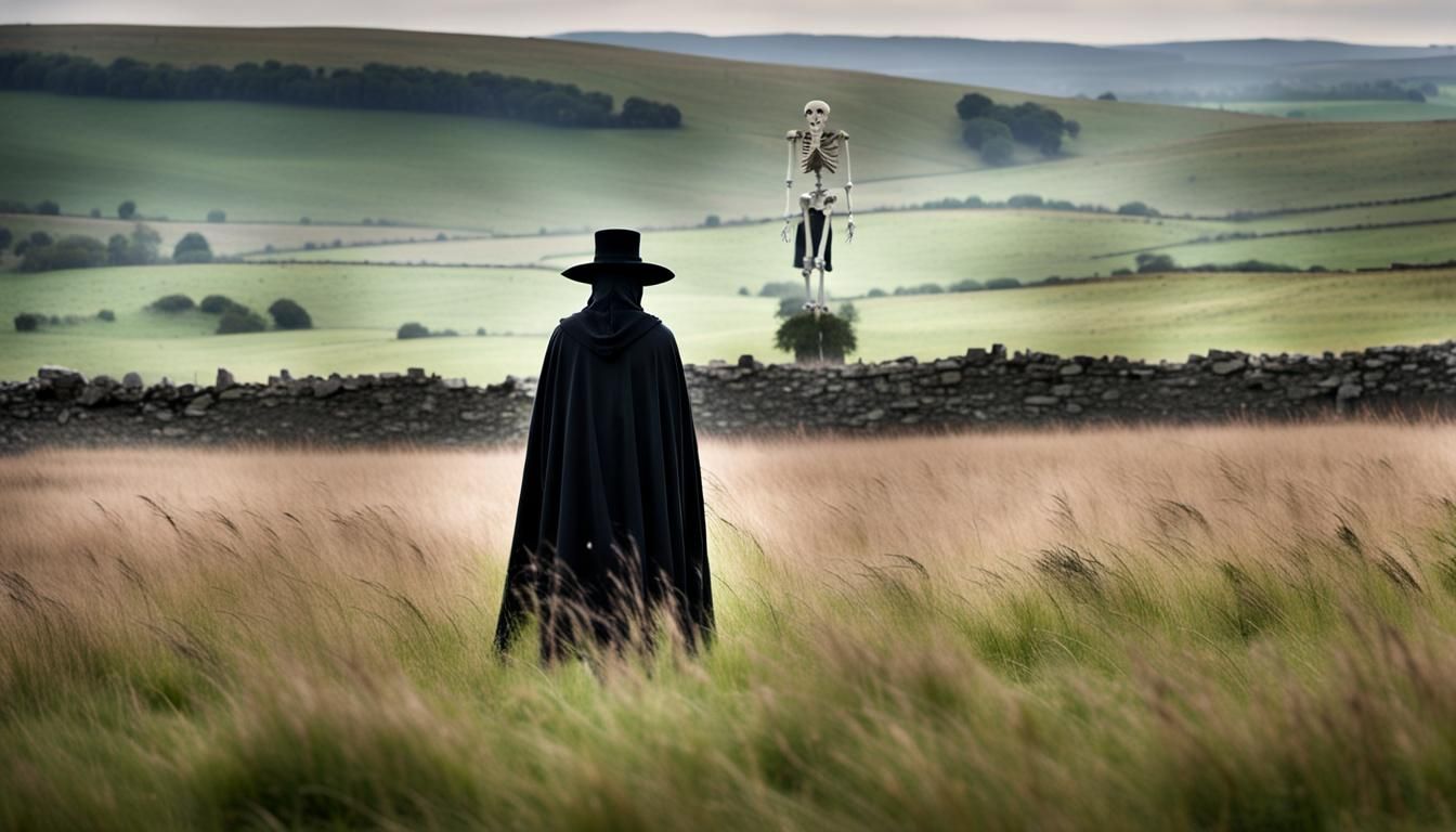 An open meadow on the English Moors with gothic stone outcroppings visible focus head to toe on a solitary cloaked skele...