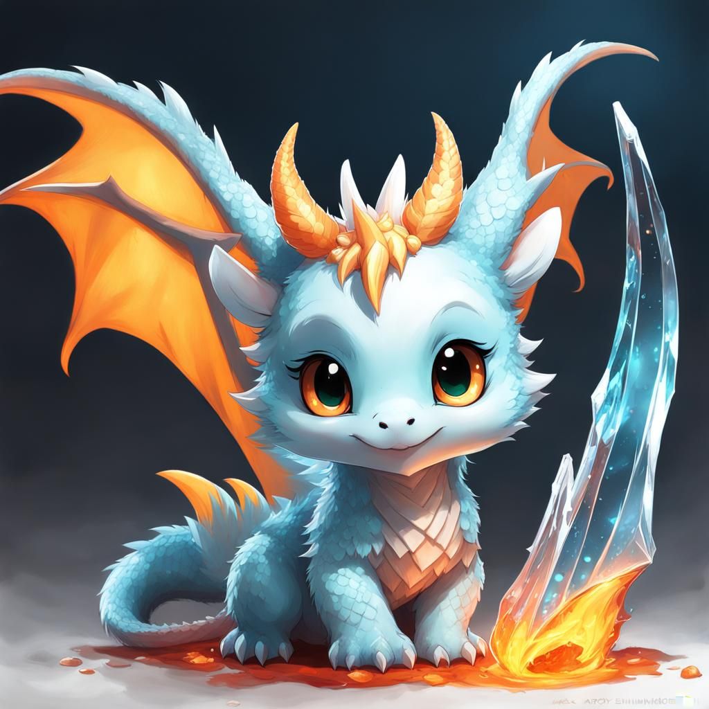 Whimsical Ice-Fire Chibi Dragon in Soft Focus