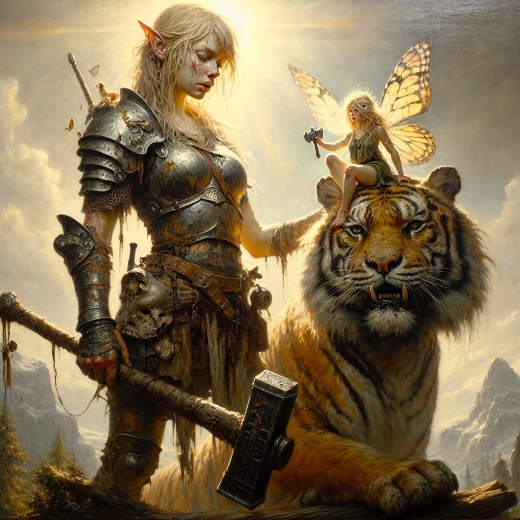 Majestic Elf Warrior in Tenebrism Style Oil Painting