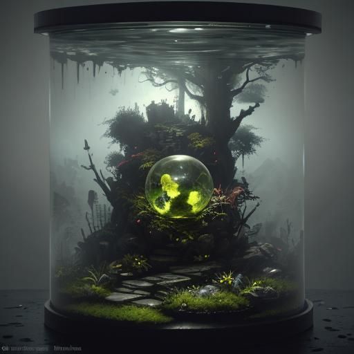 Surreal Dark Fantasy in a Glass Terrarium with a Zombie and...