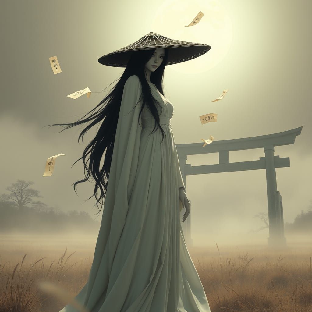 Ethereal Horror Goddess in Desolate Landscape