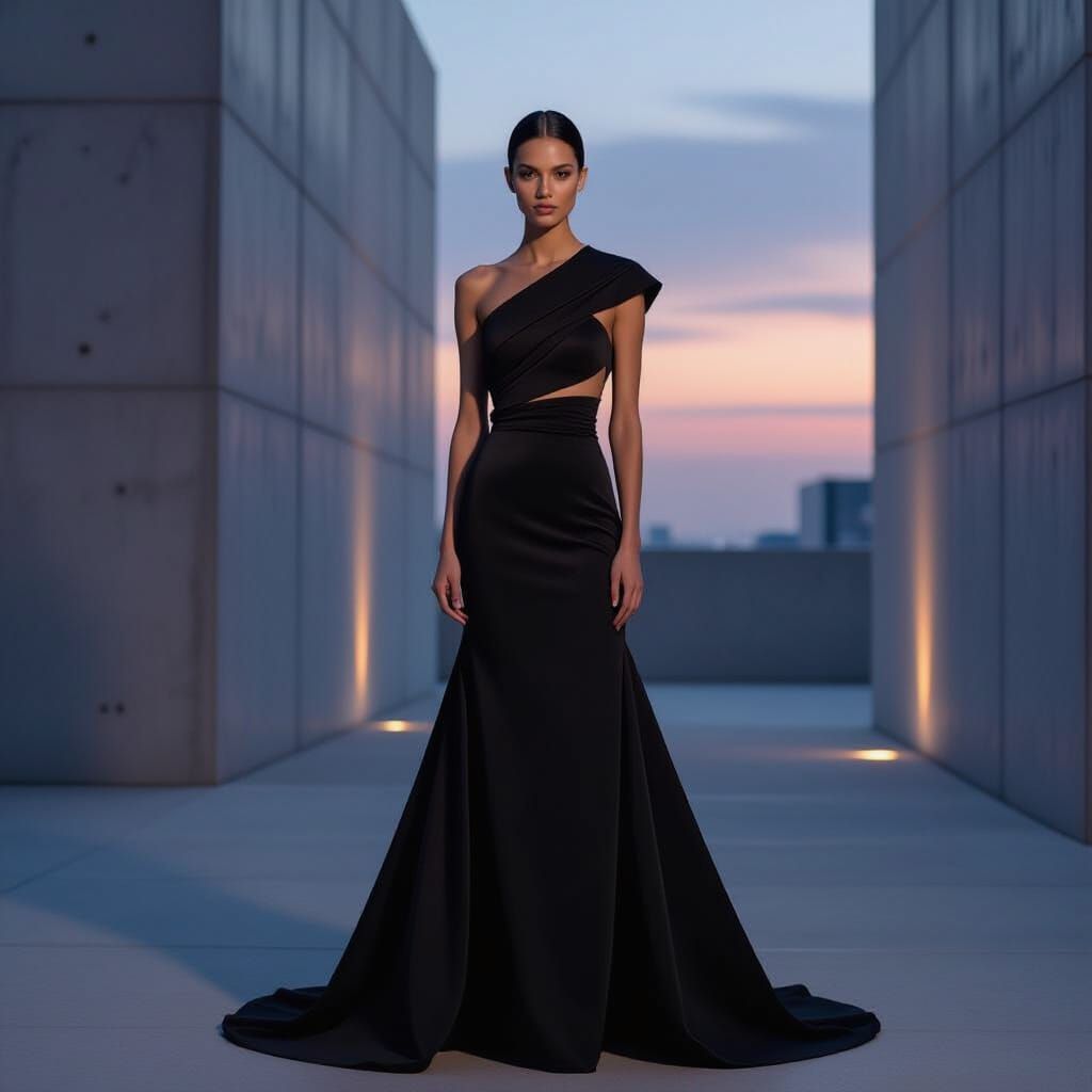 Model in Avant-Garde Gown Against Brutalist Backdrop