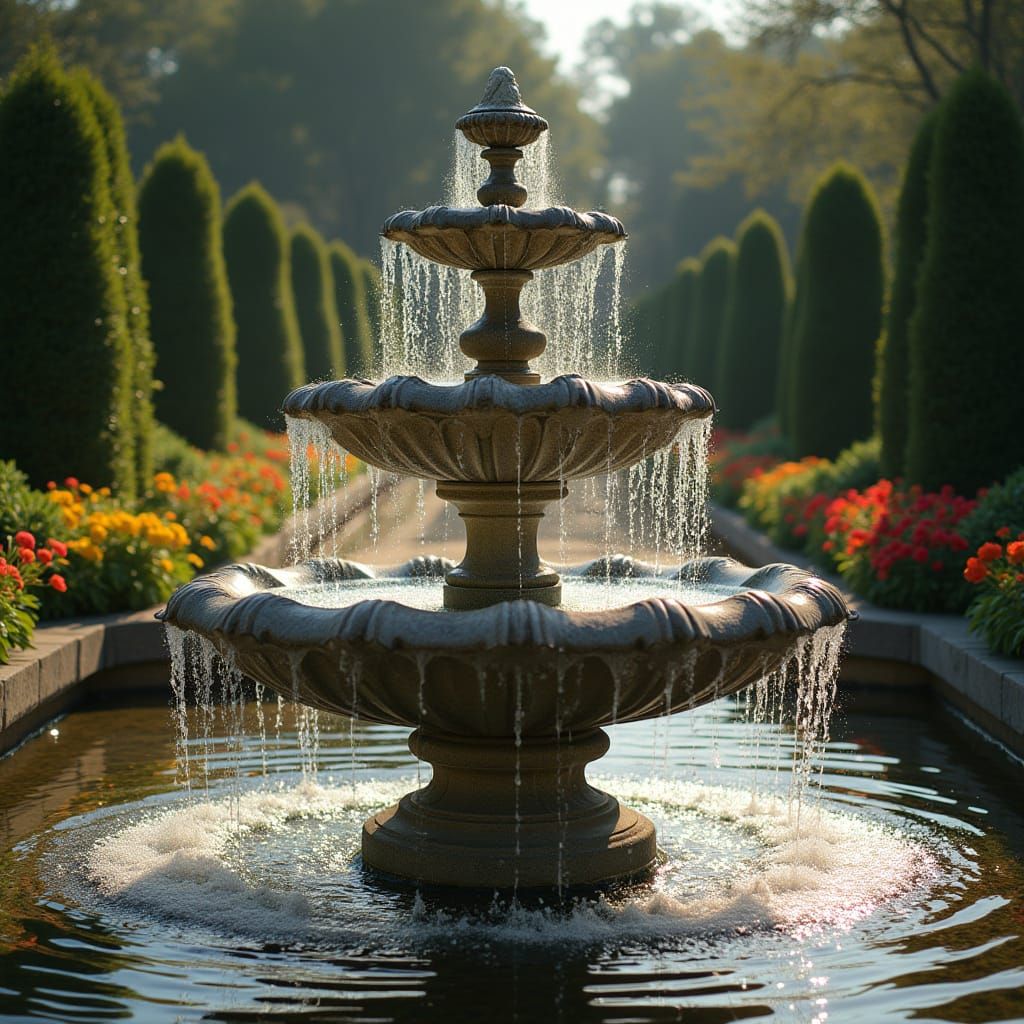 Majestic Stone Fountain in Manicured Garden