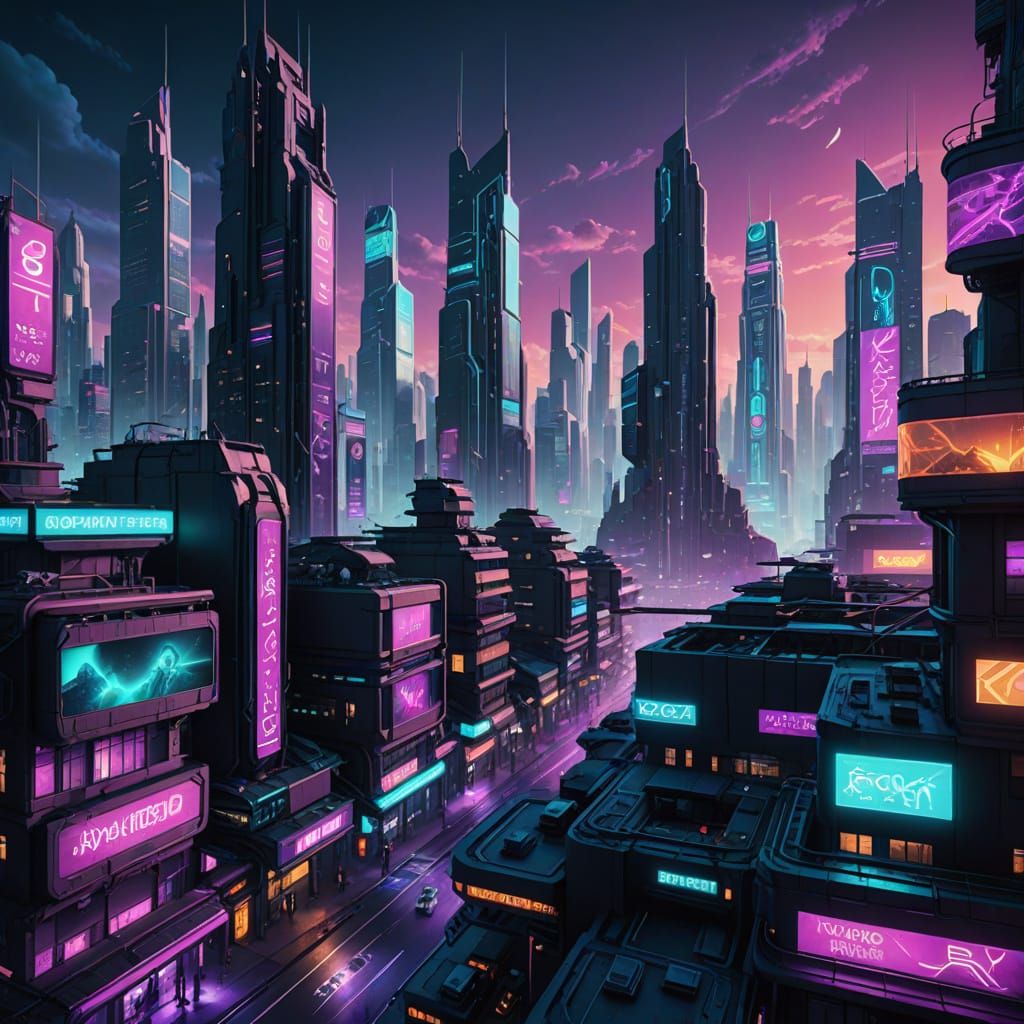 Futuristic Cityscape with Turquoise Neon Lights