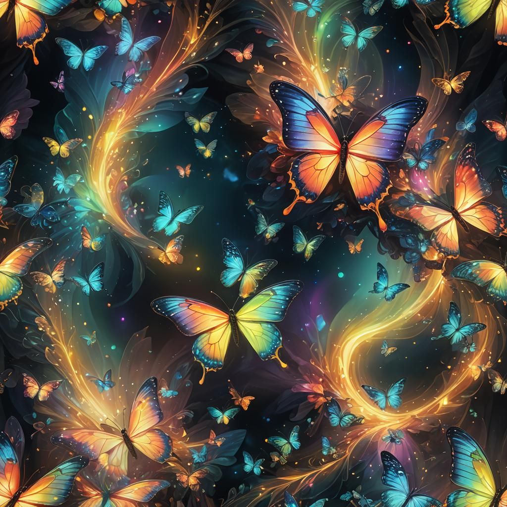 Glowing Rainbow Butterfly in Mystical Cavern