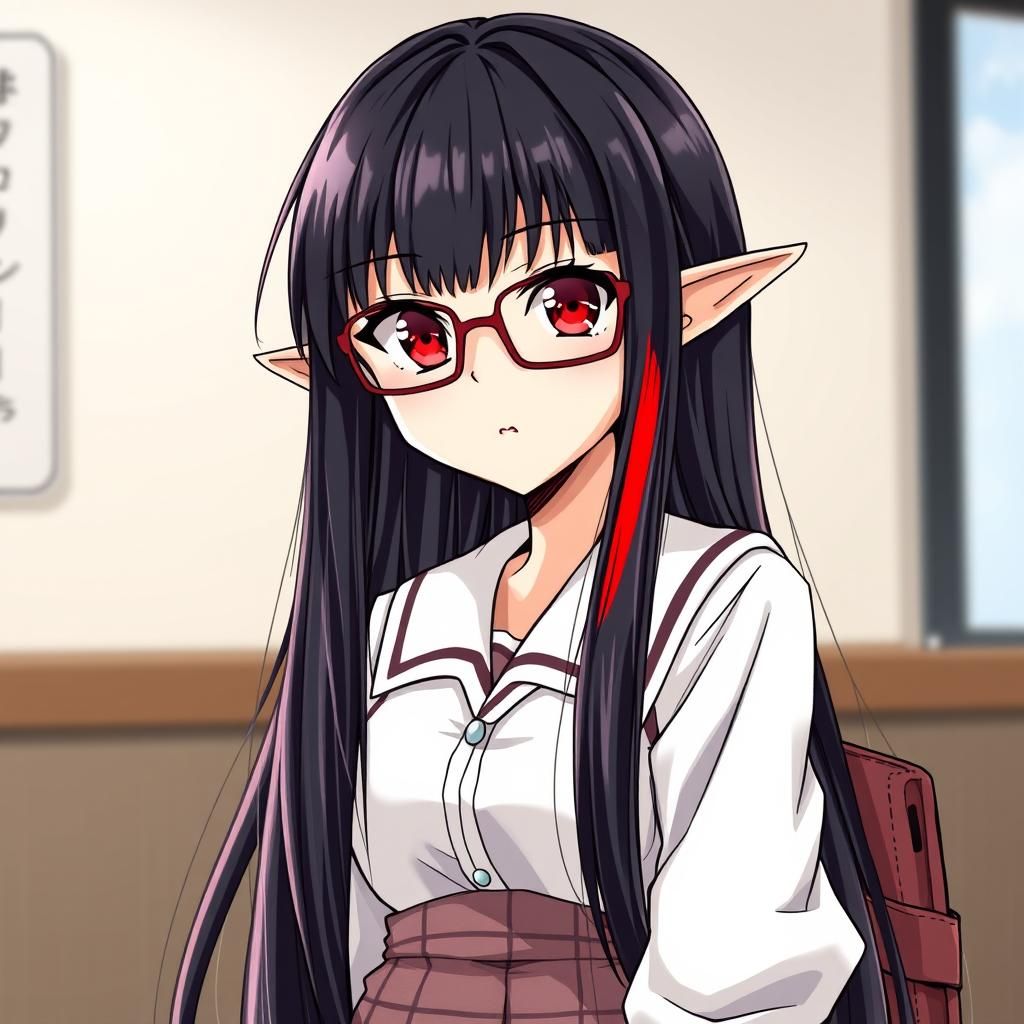 Anime Girl in Traditional Japanese School Uniform with Red H...