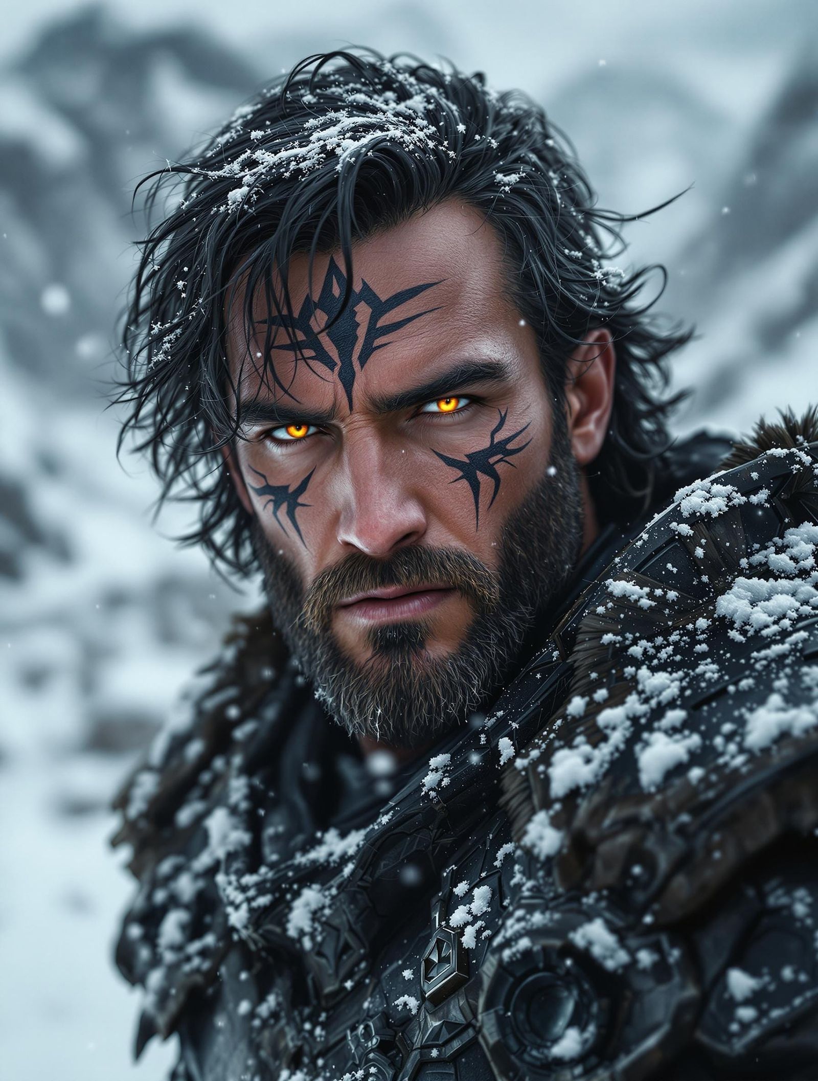 Battle-Hardened Warrior in Wintry Landscape