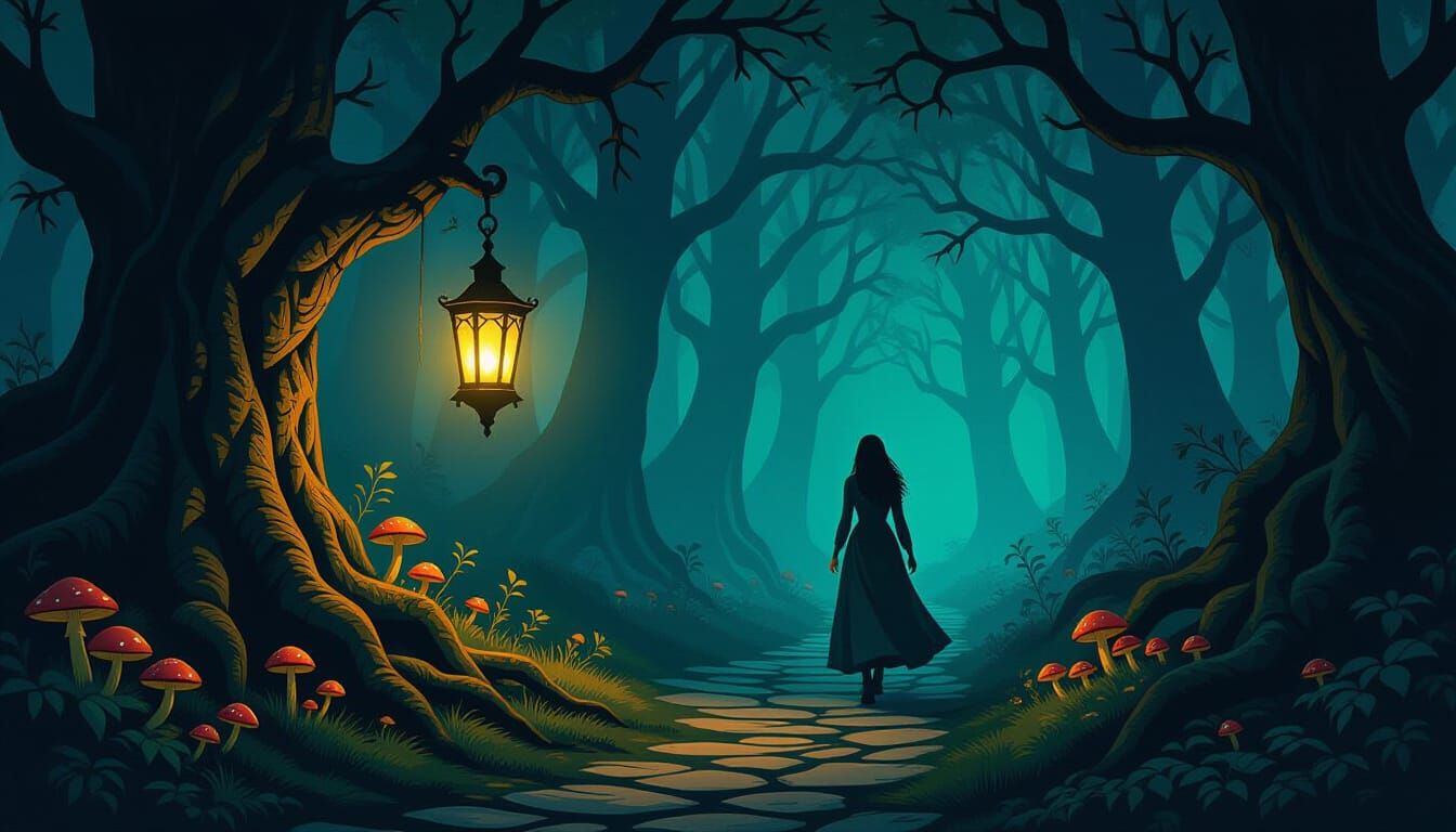Enchanted Forest Path With Glowing Lantern and Mysterious Fi...
