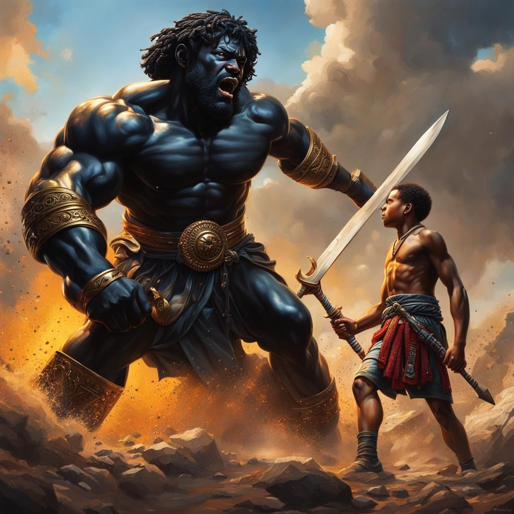 Realistic David Confronts Goliath in a Vibrant, Hyperrealist...