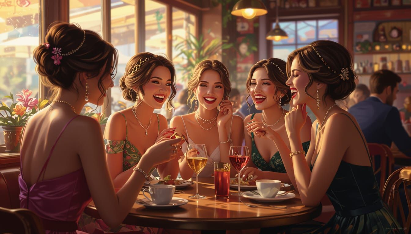 Girls Laughing in a Fantastical Cafe